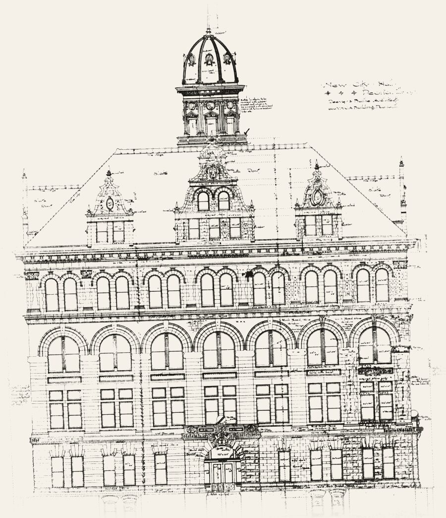 The architects' drawing of Peoria City Hall's Fulton Street front: four storeys of arched windows under a steep roof with three gabled dormers and a domed cupola.
