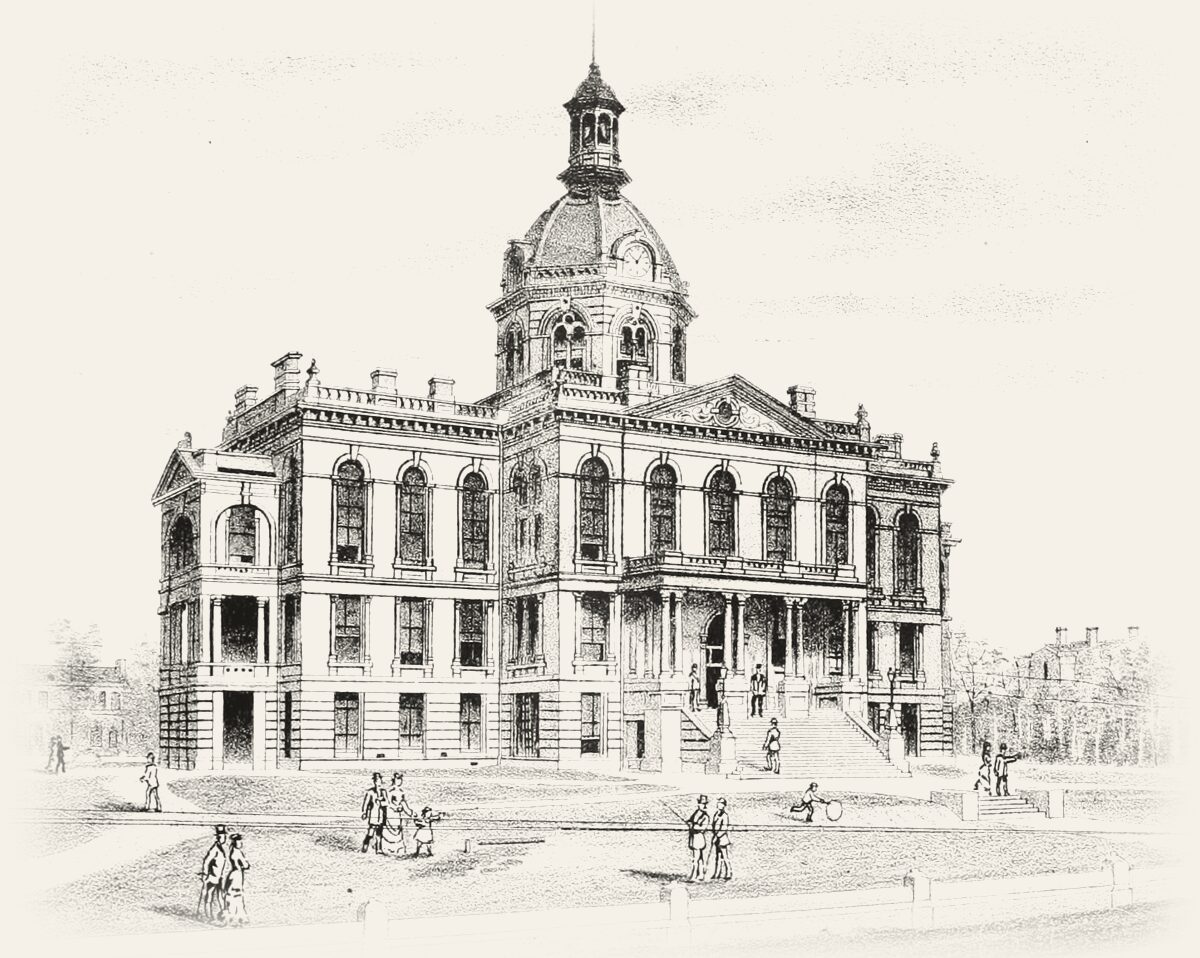 An engraving of the Peoria County Court House of 1876: a domed, many-windowed building on a lawn, with people strolling on the paths in front.