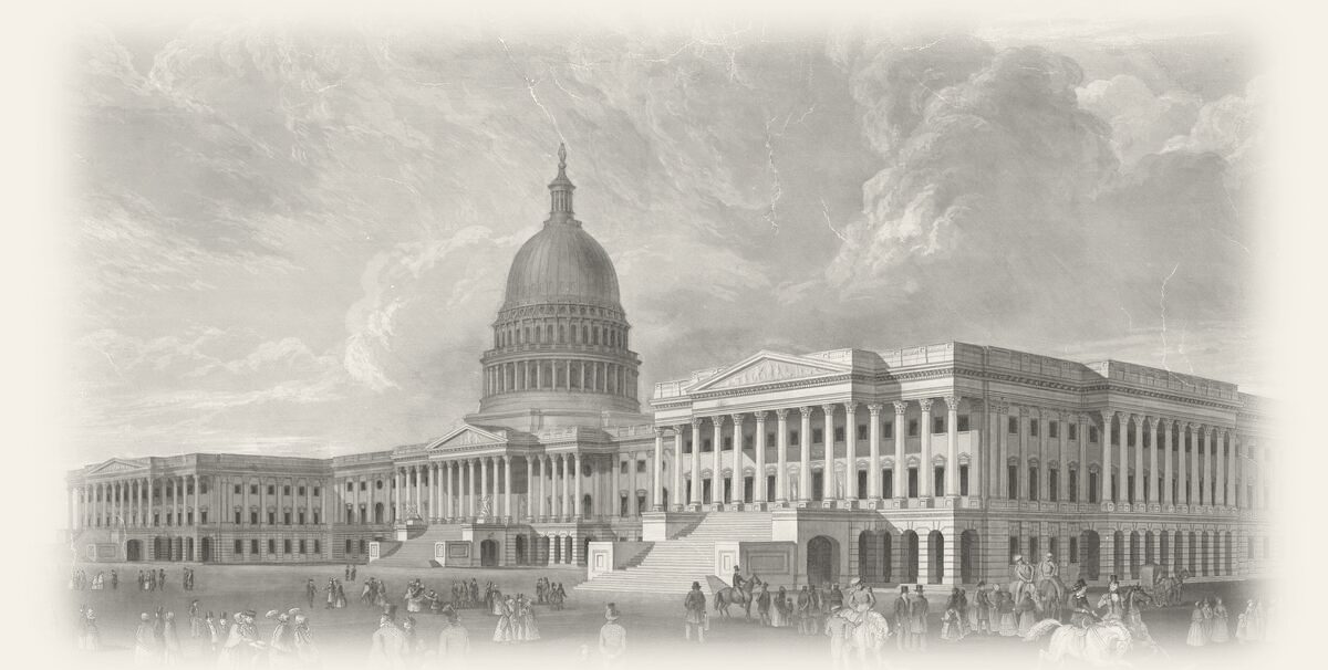 An engraving of the United States Capitol from the northeast, crowds and carriages on the plaza in front.