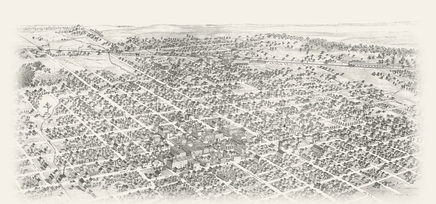 A bird's-eye view of Bloomington in 1867: a grid of tree-lined streets running out to the prairie, the business blocks around the courthouse square at its centre and a train crossing the horizon.