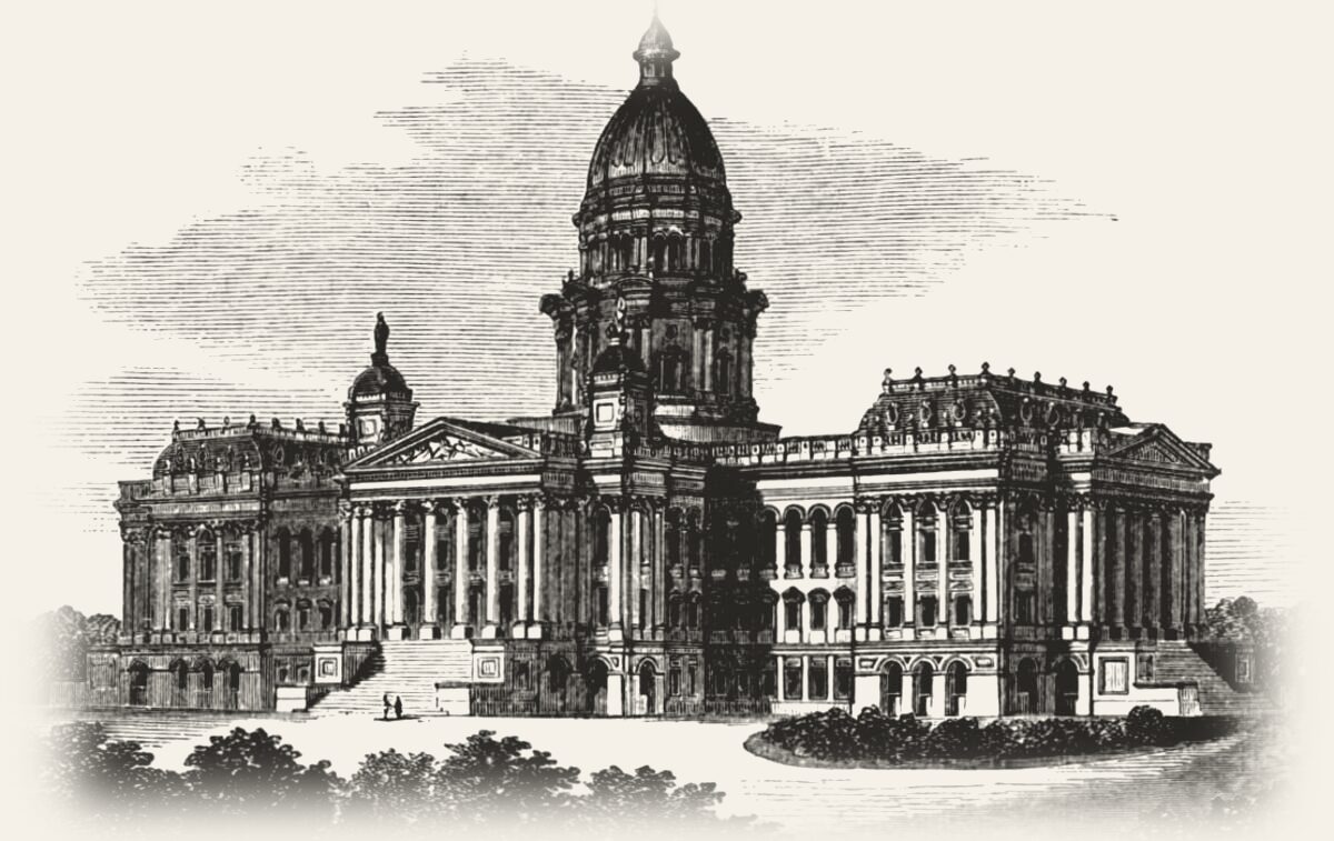 An engraving of the Illinois State Capitol in Springfield: a long classical building under a tall dome.